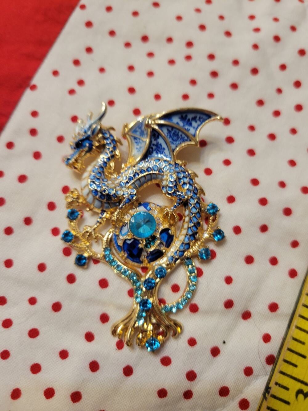 Blue Enamel And Rhinestone Fancy Dragon Brooch And Pin